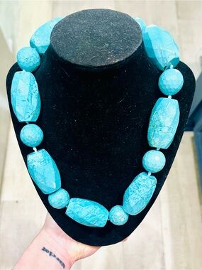 Vintage Turquoise Statement Necklace Large Faceted Stone Beads 18” Bold